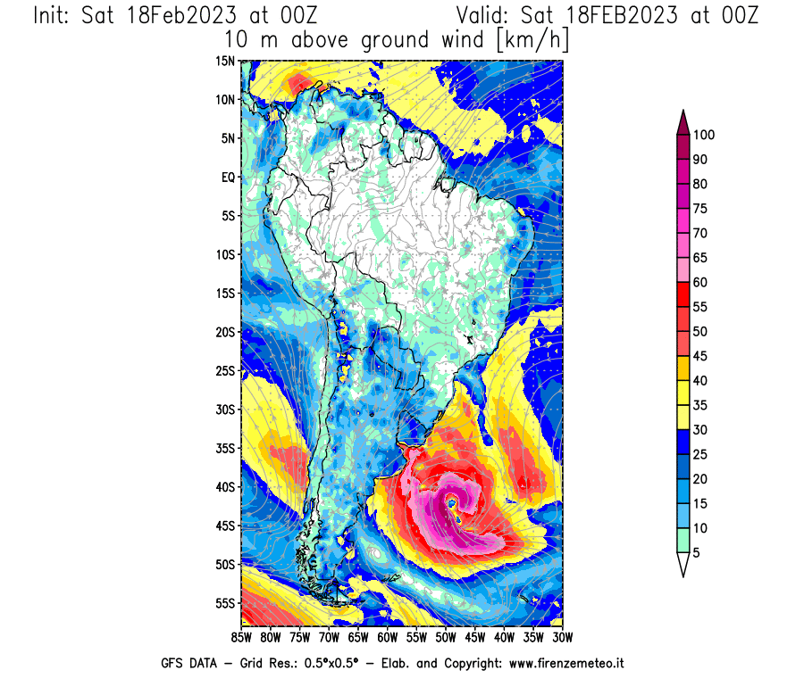 Mappa di analisi GFS - Velocità del vento a 10 metri dal suolo [km/h] in Sud-America
							del 18/02/2023 00 <!--googleoff: index-->UTC<!--googleon: index-->