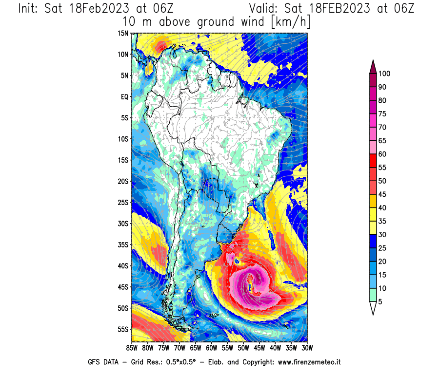Mappa di analisi GFS - Velocità del vento a 10 metri dal suolo [km/h] in Sud-America
							del 18/02/2023 06 <!--googleoff: index-->UTC<!--googleon: index-->