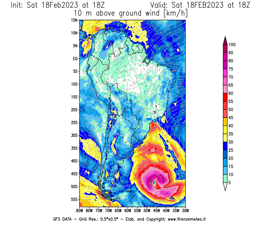 Mappa di analisi GFS - Velocità del vento a 10 metri dal suolo [km/h] in Sud-America
							del 18/02/2023 18 <!--googleoff: index-->UTC<!--googleon: index-->