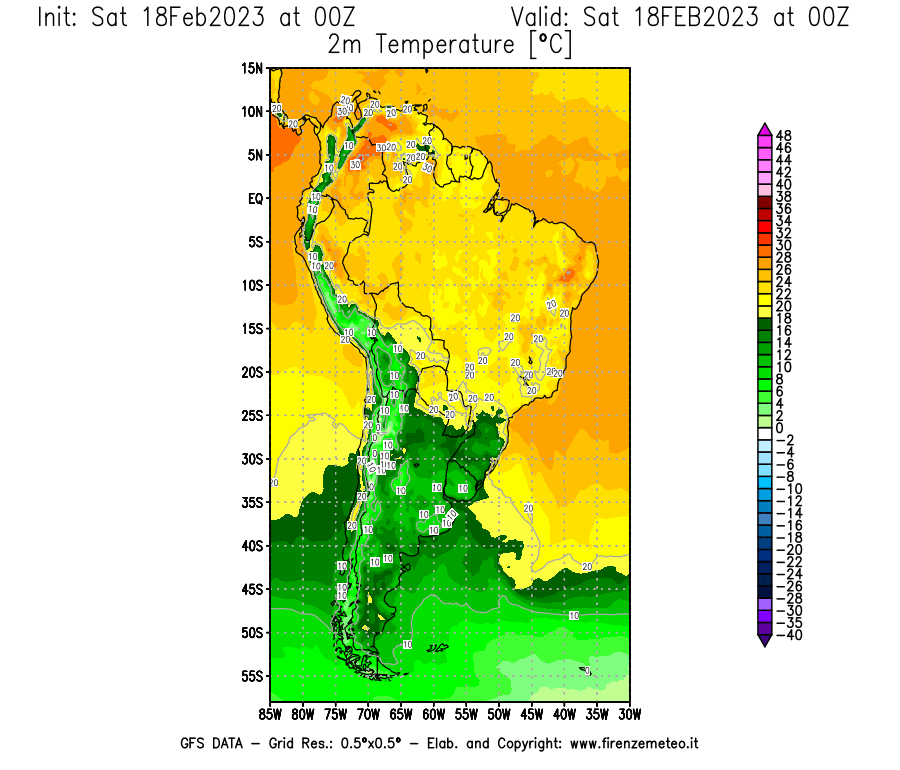 Mappa di analisi GFS - Temperatura a 2 metri dal suolo [°C] in Sud-America
							del 18/02/2023 00 <!--googleoff: index-->UTC<!--googleon: index-->