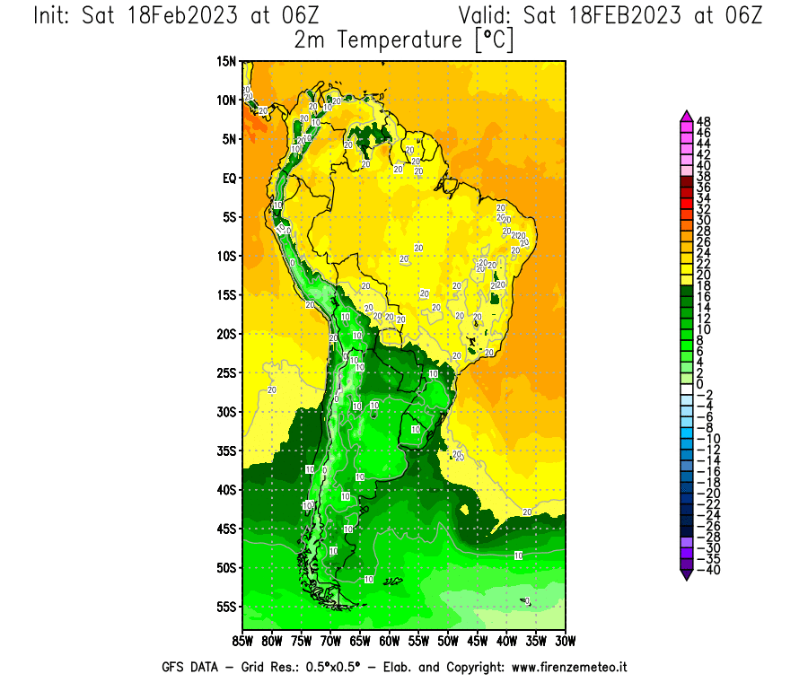 Mappa di analisi GFS - Temperatura a 2 metri dal suolo [°C] in Sud-America
							del 18/02/2023 06 <!--googleoff: index-->UTC<!--googleon: index-->