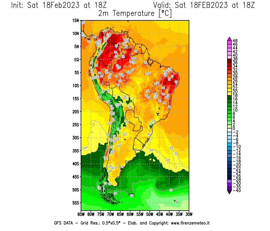 Mappa di analisi GFS - Temperatura a 2 metri dal suolo [°C] in Sud-America
							del 18/02/2023 18 <!--googleoff: index-->UTC<!--googleon: index-->
