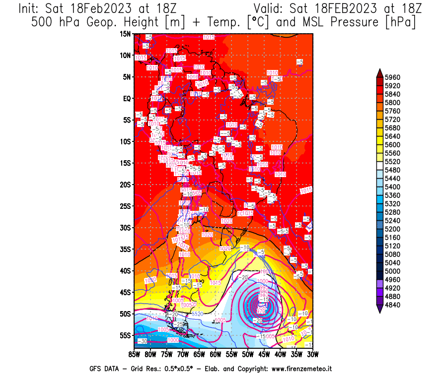 Mappa di analisi GFS - Geopotenziale [m] + Temp. [°C] a 500 hPa + Press. a livello del mare [hPa] in Sud-America
							del 18/02/2023 18 <!--googleoff: index-->UTC<!--googleon: index-->