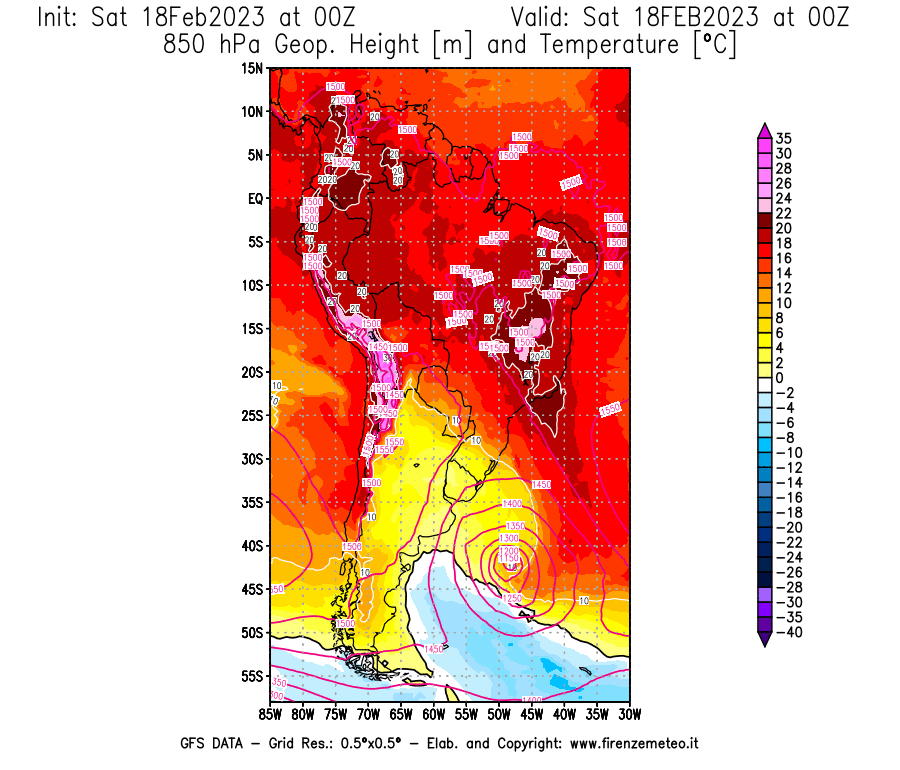 Mappa di analisi GFS - Geopotenziale [m] e Temperatura [°C] a 850 hPa in Sud-America
							del 18/02/2023 00 <!--googleoff: index-->UTC<!--googleon: index-->