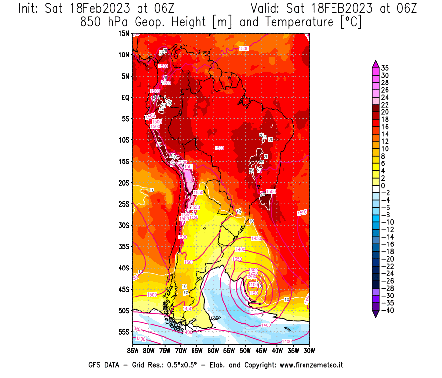Mappa di analisi GFS - Geopotenziale [m] e Temperatura [°C] a 850 hPa in Sud-America
							del 18/02/2023 06 <!--googleoff: index-->UTC<!--googleon: index-->