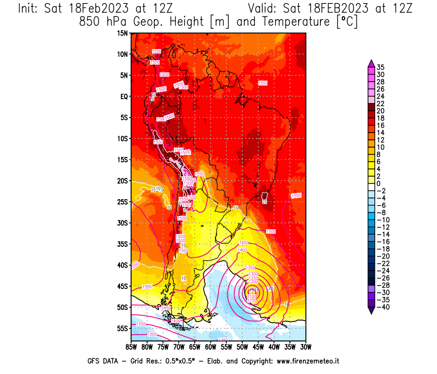 Mappa di analisi GFS - Geopotenziale [m] e Temperatura [°C] a 850 hPa in Sud-America
							del 18/02/2023 12 <!--googleoff: index-->UTC<!--googleon: index-->