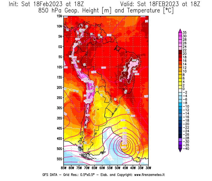 Mappa di analisi GFS - Geopotenziale [m] e Temperatura [°C] a 850 hPa in Sud-America
							del 18/02/2023 18 <!--googleoff: index-->UTC<!--googleon: index-->