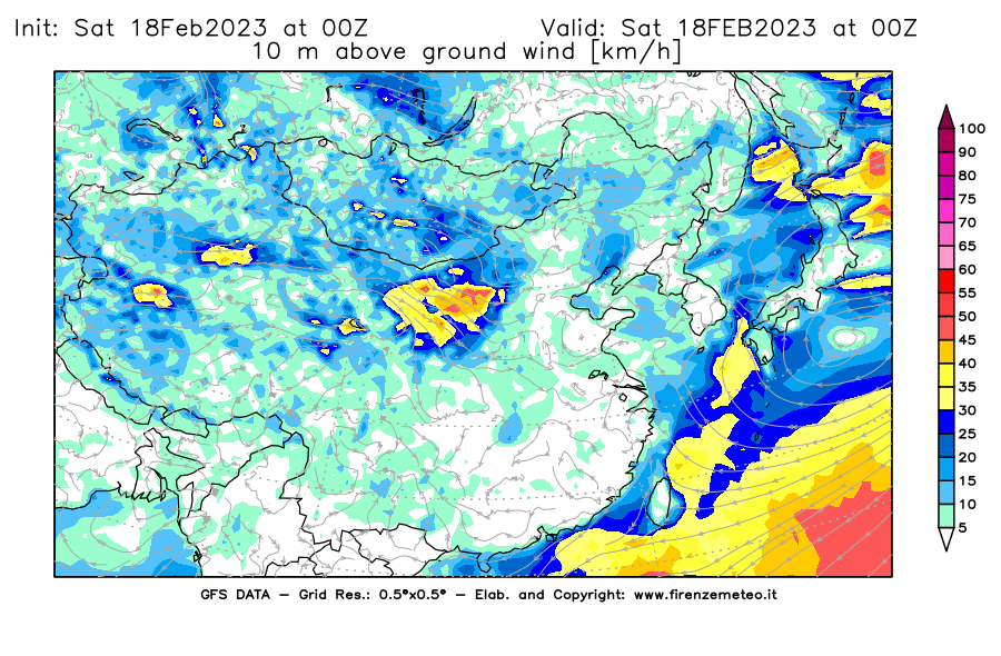 Mappa di analisi GFS - Velocità del vento a 10 metri dal suolo [km/h] in Asia Orientale
							del 18/02/2023 00 <!--googleoff: index-->UTC<!--googleon: index-->