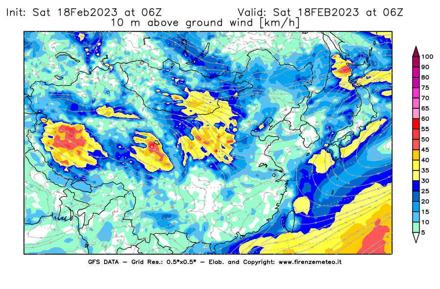 Mappa di analisi GFS - Velocità del vento a 10 metri dal suolo [km/h] in Asia Orientale
							del 18/02/2023 06 <!--googleoff: index-->UTC<!--googleon: index-->