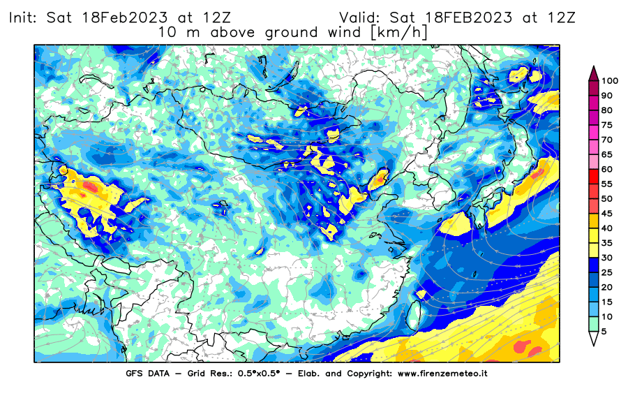 Mappa di analisi GFS - Velocità del vento a 10 metri dal suolo [km/h] in Asia Orientale
							del 18/02/2023 12 <!--googleoff: index-->UTC<!--googleon: index-->