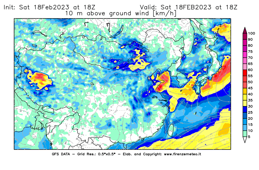 Mappa di analisi GFS - Velocità del vento a 10 metri dal suolo [km/h] in Asia Orientale
							del 18/02/2023 18 <!--googleoff: index-->UTC<!--googleon: index-->