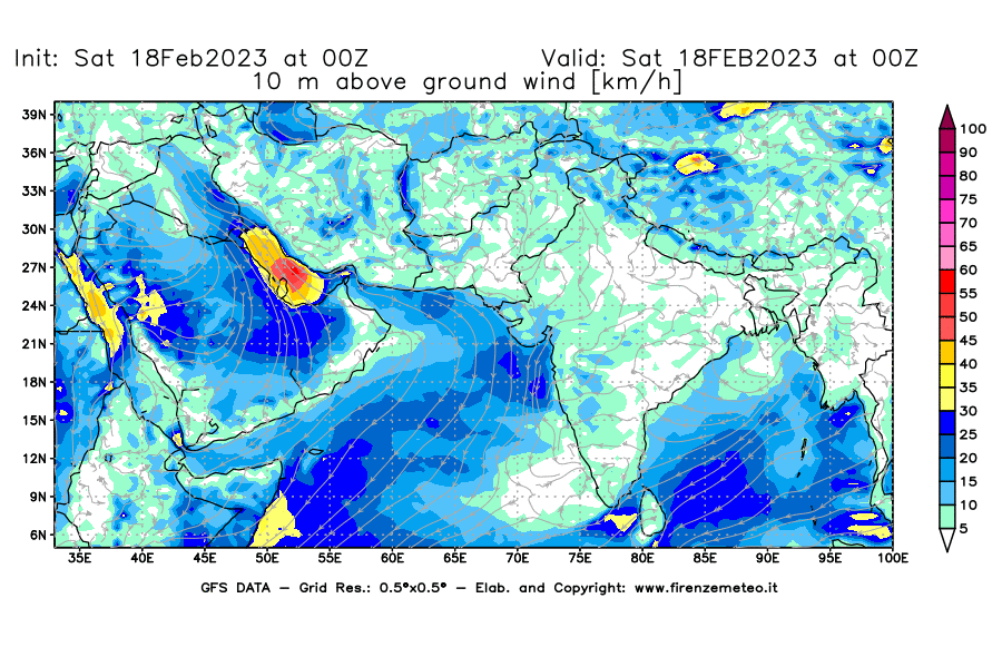 Mappa di analisi GFS - Velocità del vento a 10 metri dal suolo [km/h] in Asia Sud-Occidentale
							del 18/02/2023 00 <!--googleoff: index-->UTC<!--googleon: index-->