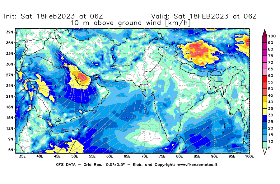Mappa di analisi GFS - Velocità del vento a 10 metri dal suolo [km/h] in Asia Sud-Occidentale
							del 18/02/2023 06 <!--googleoff: index-->UTC<!--googleon: index-->