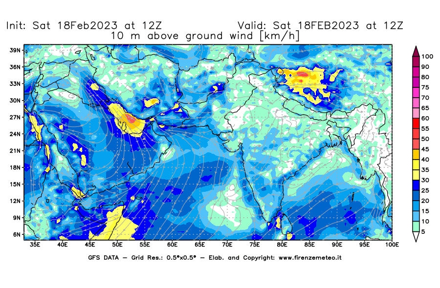 Mappa di analisi GFS - Velocità del vento a 10 metri dal suolo [km/h] in Asia Sud-Occidentale
							del 18/02/2023 12 <!--googleoff: index-->UTC<!--googleon: index-->