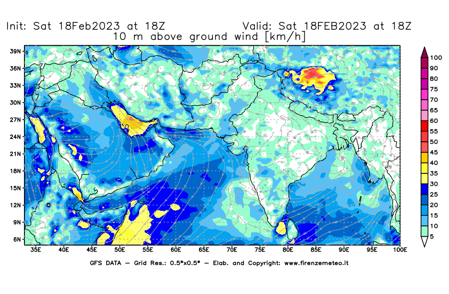Mappa di analisi GFS - Velocità del vento a 10 metri dal suolo [km/h] in Asia Sud-Occidentale
							del 18/02/2023 18 <!--googleoff: index-->UTC<!--googleon: index-->