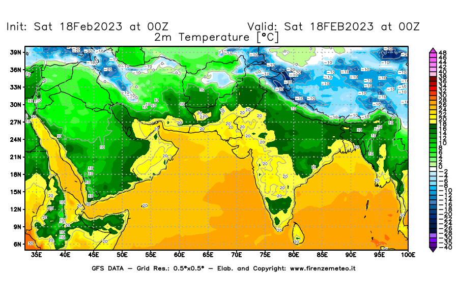 Mappa di analisi GFS - Temperatura a 2 metri dal suolo [°C] in Asia Sud-Occidentale
							del 18/02/2023 00 <!--googleoff: index-->UTC<!--googleon: index-->