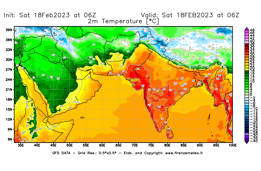 Mappa di analisi GFS - Temperatura a 2 metri dal suolo [°C] in Asia Sud-Occidentale
							del 18/02/2023 06 <!--googleoff: index-->UTC<!--googleon: index-->