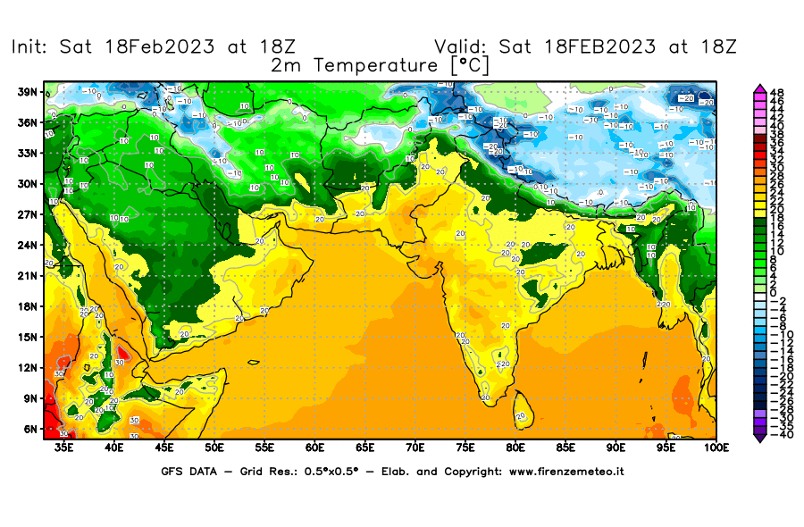 Mappa di analisi GFS - Temperatura a 2 metri dal suolo [°C] in Asia Sud-Occidentale
							del 18/02/2023 18 <!--googleoff: index-->UTC<!--googleon: index-->