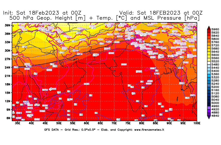 Mappa di analisi GFS - Geopotenziale [m] + Temp. [°C] a 500 hPa + Press. a livello del mare [hPa] in Asia Sud-Occidentale
							del 18/02/2023 00 <!--googleoff: index-->UTC<!--googleon: index-->