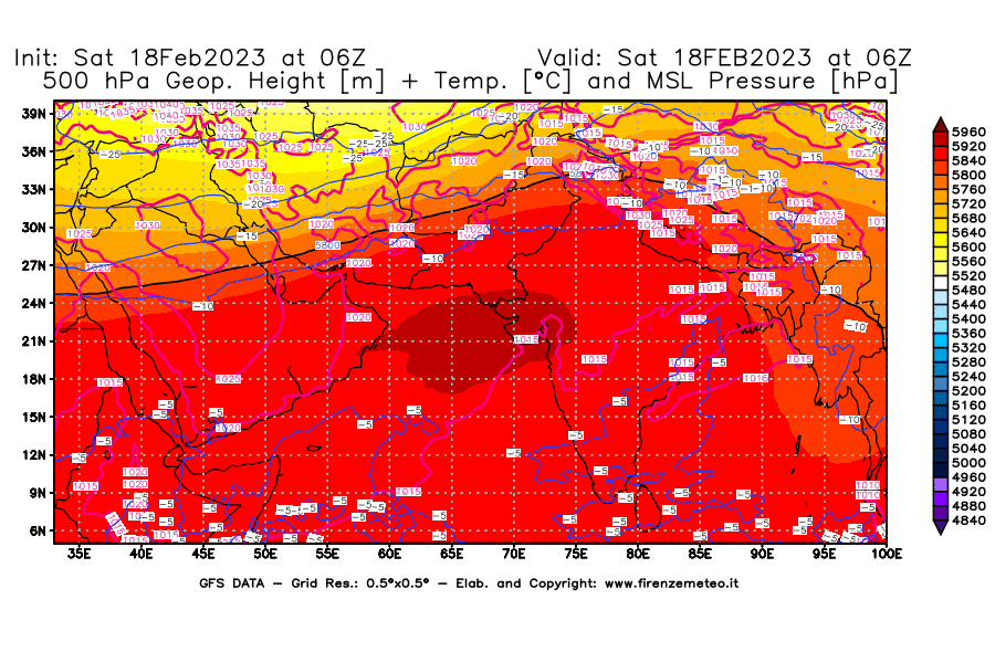 Mappa di analisi GFS - Geopotenziale [m] + Temp. [°C] a 500 hPa + Press. a livello del mare [hPa] in Asia Sud-Occidentale
							del 18/02/2023 06 <!--googleoff: index-->UTC<!--googleon: index-->