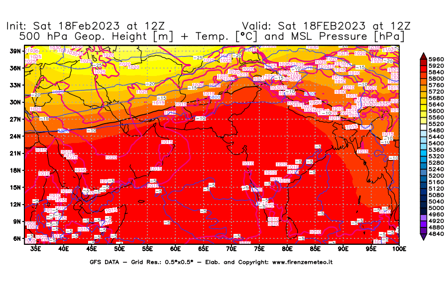 Mappa di analisi GFS - Geopotenziale [m] + Temp. [°C] a 500 hPa + Press. a livello del mare [hPa] in Asia Sud-Occidentale
							del 18/02/2023 12 <!--googleoff: index-->UTC<!--googleon: index-->