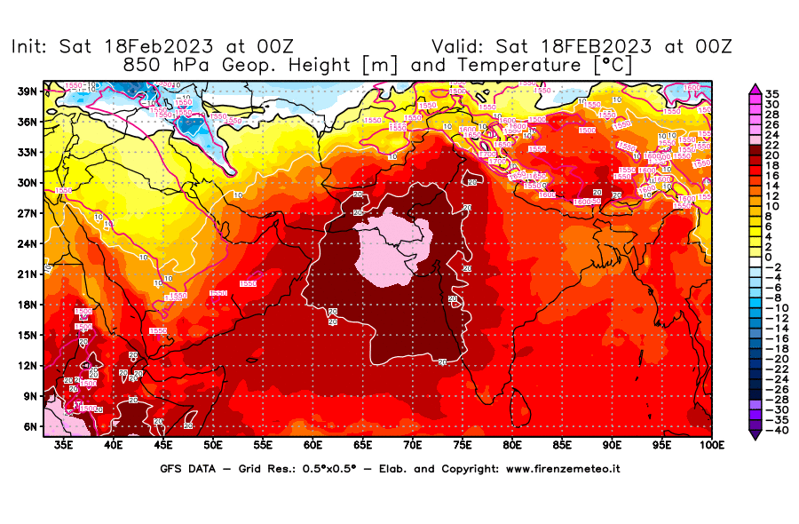 Mappa di analisi GFS - Geopotenziale [m] e Temperatura [°C] a 850 hPa in Asia Sud-Occidentale
							del 18/02/2023 00 <!--googleoff: index-->UTC<!--googleon: index-->