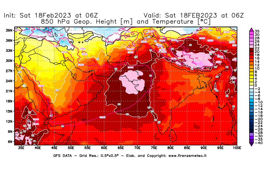 Mappa di analisi GFS - Geopotenziale [m] e Temperatura [°C] a 850 hPa in Asia Sud-Occidentale
							del 18/02/2023 06 <!--googleoff: index-->UTC<!--googleon: index-->
