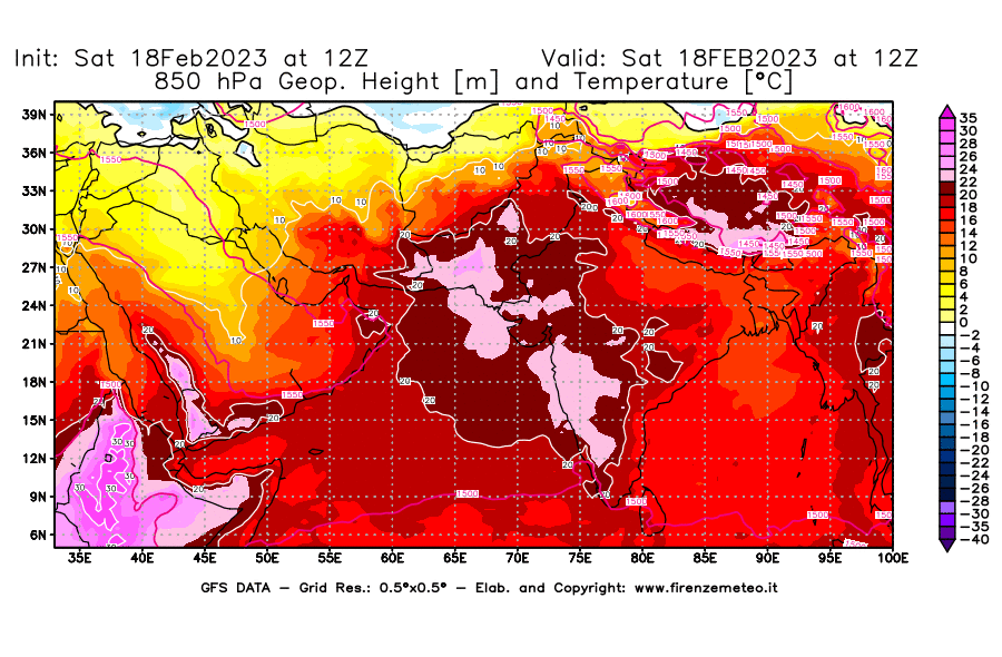 Mappa di analisi GFS - Geopotenziale [m] e Temperatura [°C] a 850 hPa in Asia Sud-Occidentale
							del 18/02/2023 12 <!--googleoff: index-->UTC<!--googleon: index-->