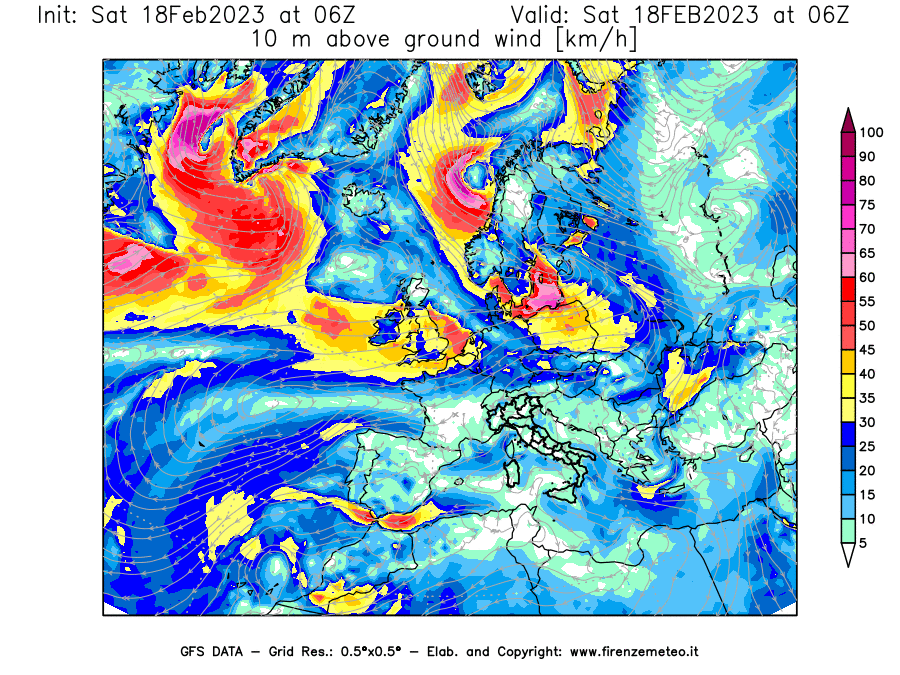 Mappa di analisi GFS - Velocità del vento a 10 metri dal suolo [km/h] in Europa
							del 18/02/2023 06 <!--googleoff: index-->UTC<!--googleon: index-->