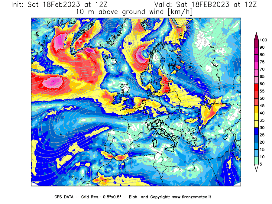 Mappa di analisi GFS - Velocità del vento a 10 metri dal suolo [km/h] in Europa
							del 18/02/2023 12 <!--googleoff: index-->UTC<!--googleon: index-->