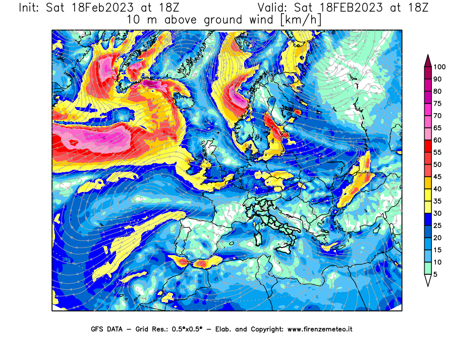 Mappa di analisi GFS - Velocità del vento a 10 metri dal suolo [km/h] in Europa
							del 18/02/2023 18 <!--googleoff: index-->UTC<!--googleon: index-->