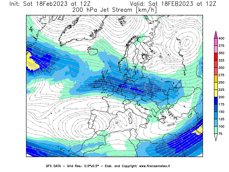 Mappa di analisi GFS - Jet Stream a 200 hPa in Europa
							del 18/02/2023 12 <!--googleoff: index-->UTC<!--googleon: index-->