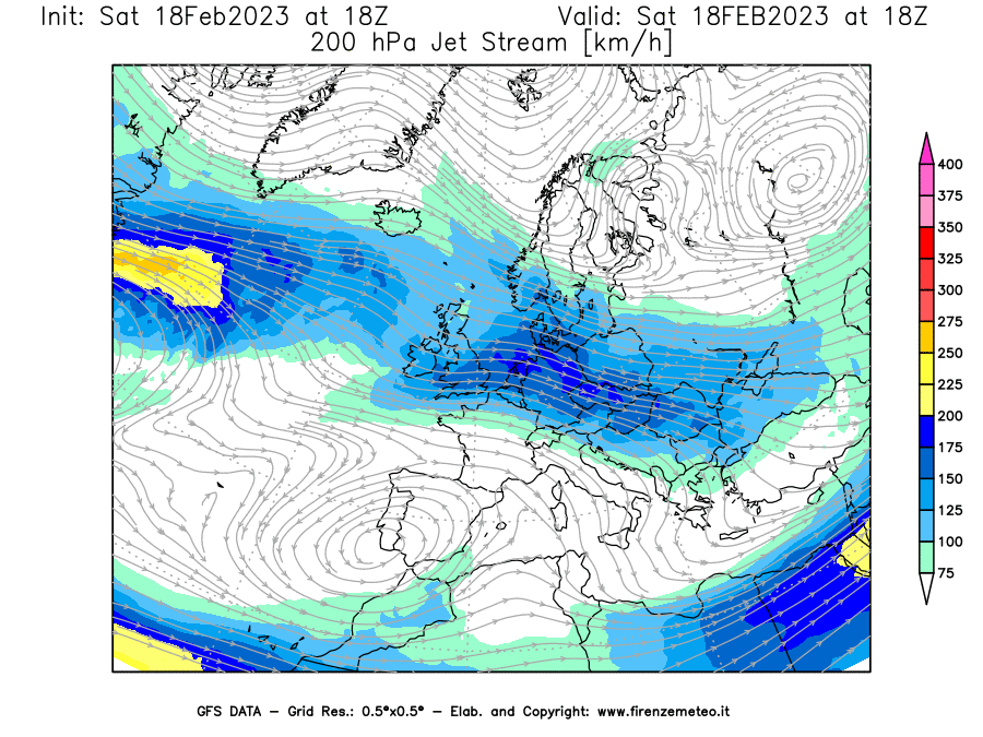 Mappa di analisi GFS - Jet Stream a 200 hPa in Europa
							del 18/02/2023 18 <!--googleoff: index-->UTC<!--googleon: index-->