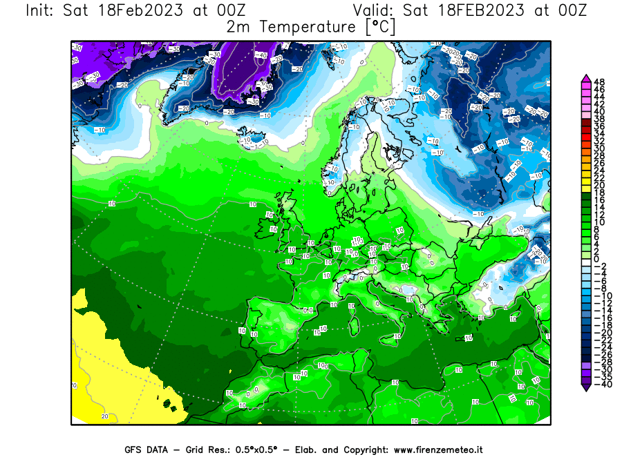 Mappa di analisi GFS - Temperatura a 2 metri dal suolo [°C] in Europa
							del 18/02/2023 00 <!--googleoff: index-->UTC<!--googleon: index-->