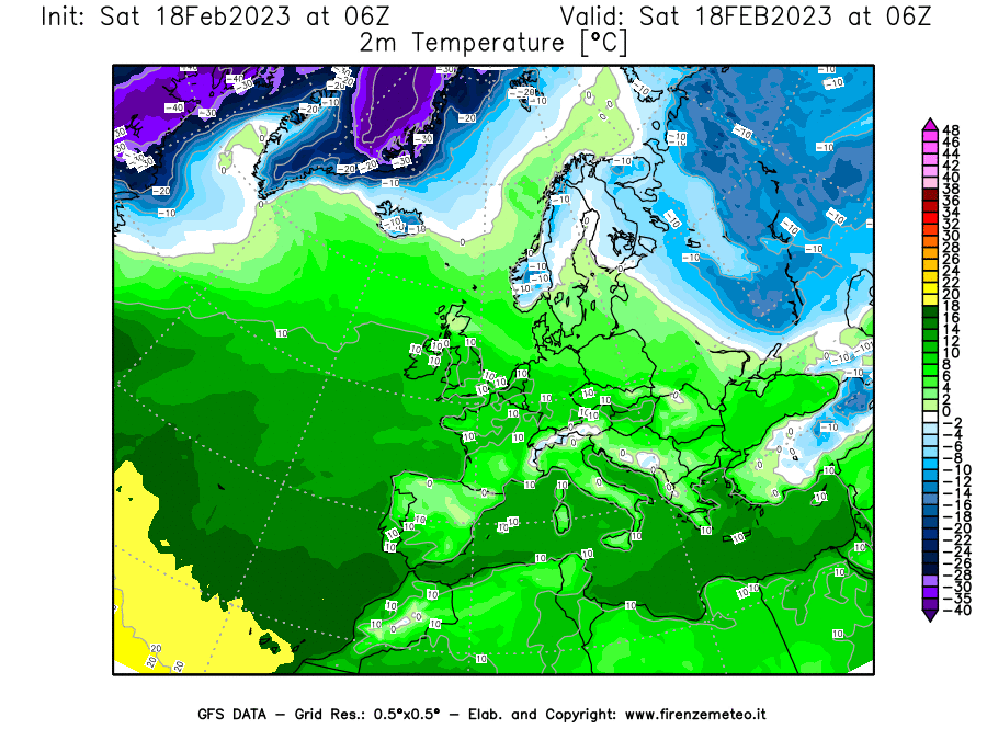 Mappa di analisi GFS - Temperatura a 2 metri dal suolo [°C] in Europa
							del 18/02/2023 06 <!--googleoff: index-->UTC<!--googleon: index-->