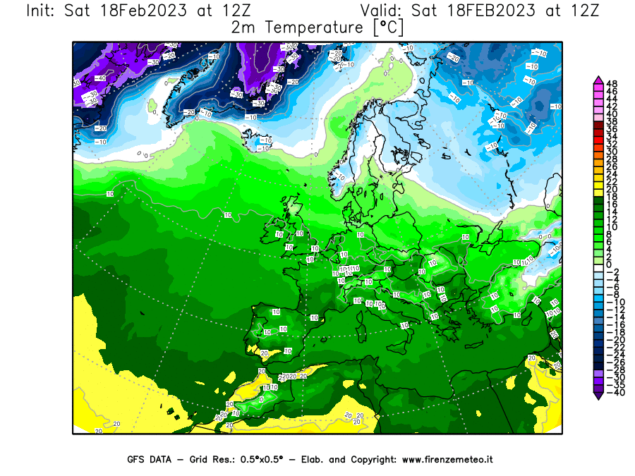 Mappa di analisi GFS - Temperatura a 2 metri dal suolo [°C] in Europa
							del 18/02/2023 12 <!--googleoff: index-->UTC<!--googleon: index-->