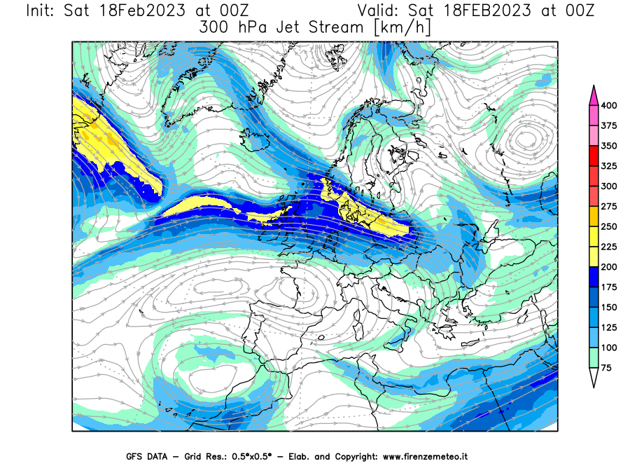 Mappa di analisi GFS - Jet Stream a 300 hPa in Europa
							del 18/02/2023 00 <!--googleoff: index-->UTC<!--googleon: index-->