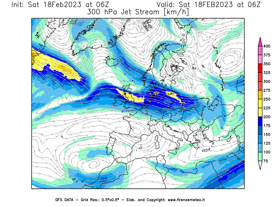 Mappa di analisi GFS - Jet Stream a 300 hPa in Europa
							del 18/02/2023 06 <!--googleoff: index-->UTC<!--googleon: index-->