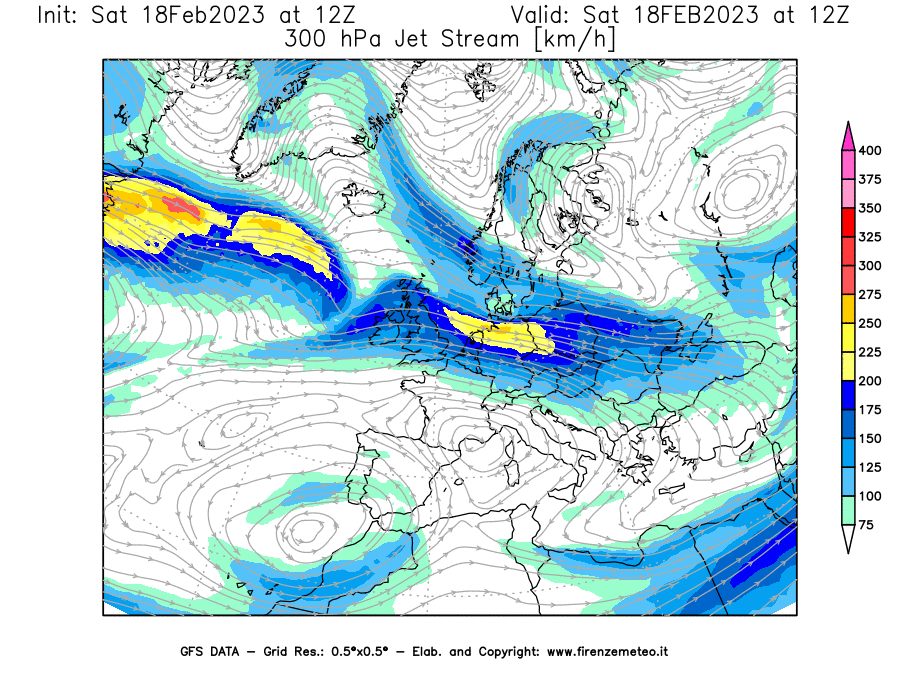 Mappa di analisi GFS - Jet Stream a 300 hPa in Europa
							del 18/02/2023 12 <!--googleoff: index-->UTC<!--googleon: index-->
