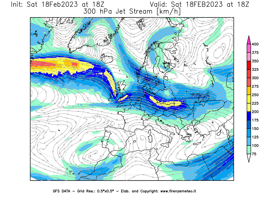 Mappa di analisi GFS - Jet Stream a 300 hPa in Europa
							del 18/02/2023 18 <!--googleoff: index-->UTC<!--googleon: index-->