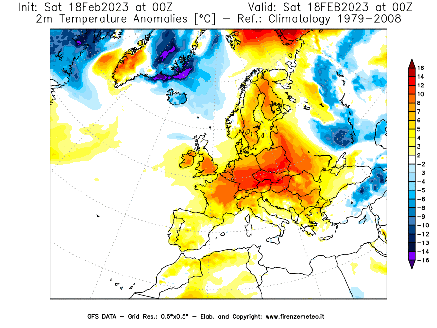 Mappa di analisi GFS - Anomalia Temperatura [°C] a 2 m in Europa
							del 18/02/2023 00 <!--googleoff: index-->UTC<!--googleon: index-->