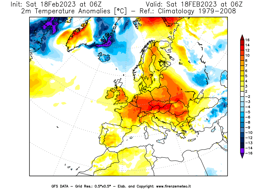 Mappa di analisi GFS - Anomalia Temperatura [°C] a 2 m in Europa
							del 18/02/2023 06 <!--googleoff: index-->UTC<!--googleon: index-->