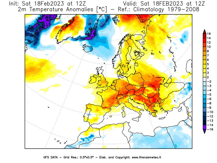 Mappa di analisi GFS - Anomalia Temperatura [°C] a 2 m in Europa
							del 18/02/2023 12 <!--googleoff: index-->UTC<!--googleon: index-->