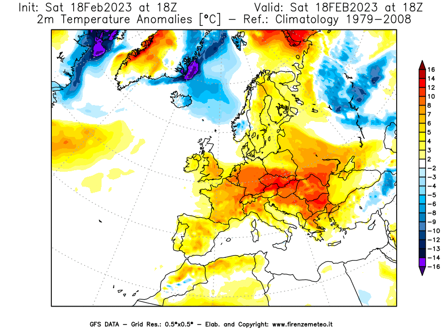 Mappa di analisi GFS - Anomalia Temperatura [°C] a 2 m in Europa
							del 18/02/2023 18 <!--googleoff: index-->UTC<!--googleon: index-->