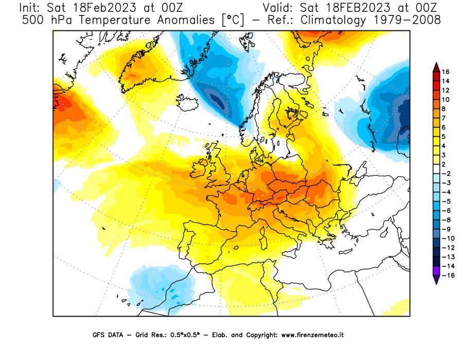 Mappa di analisi GFS - Anomalia Temperatura [°C] a 500 hPa in Europa
							del 18/02/2023 00 <!--googleoff: index-->UTC<!--googleon: index-->