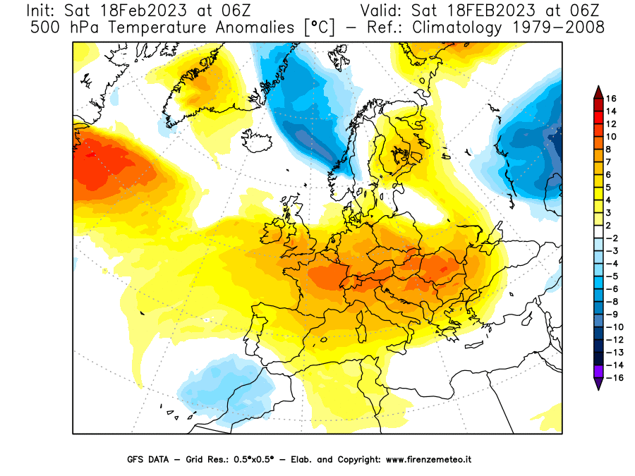 Mappa di analisi GFS - Anomalia Temperatura [°C] a 500 hPa in Europa
							del 18/02/2023 06 <!--googleoff: index-->UTC<!--googleon: index-->