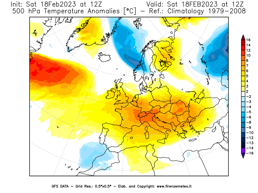 Mappa di analisi GFS - Anomalia Temperatura [°C] a 500 hPa in Europa
							del 18/02/2023 12 <!--googleoff: index-->UTC<!--googleon: index-->