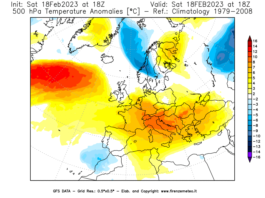 Mappa di analisi GFS - Anomalia Temperatura [°C] a 500 hPa in Europa
							del 18/02/2023 18 <!--googleoff: index-->UTC<!--googleon: index-->