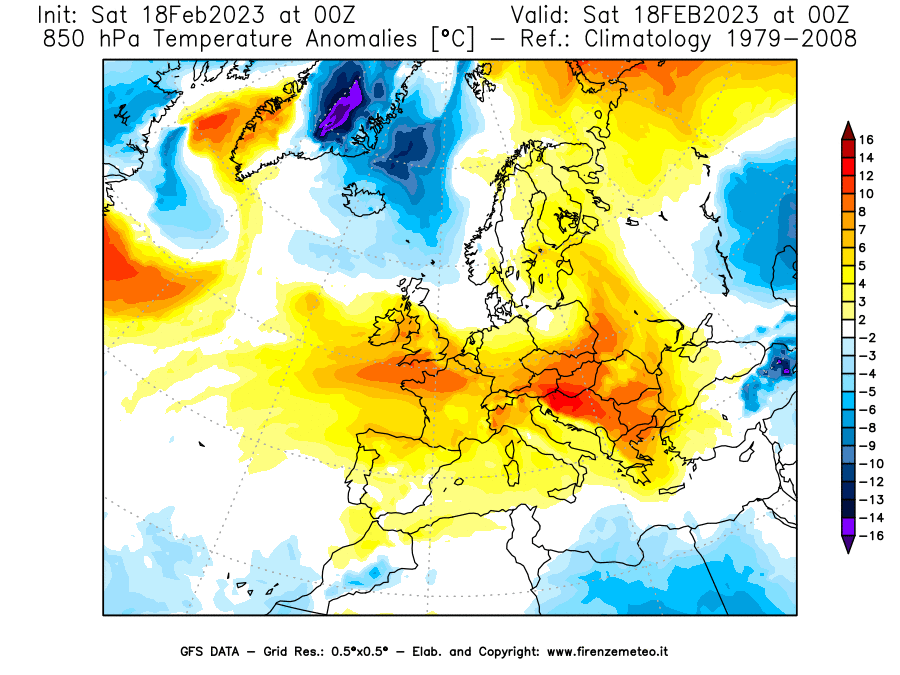 Mappa di analisi GFS - Anomalia Temperatura [°C] a 850 hPa in Europa
							del 18/02/2023 00 <!--googleoff: index-->UTC<!--googleon: index-->