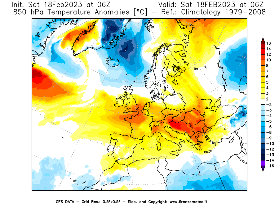 Mappa di analisi GFS - Anomalia Temperatura [°C] a 850 hPa in Europa
							del 18/02/2023 06 <!--googleoff: index-->UTC<!--googleon: index-->